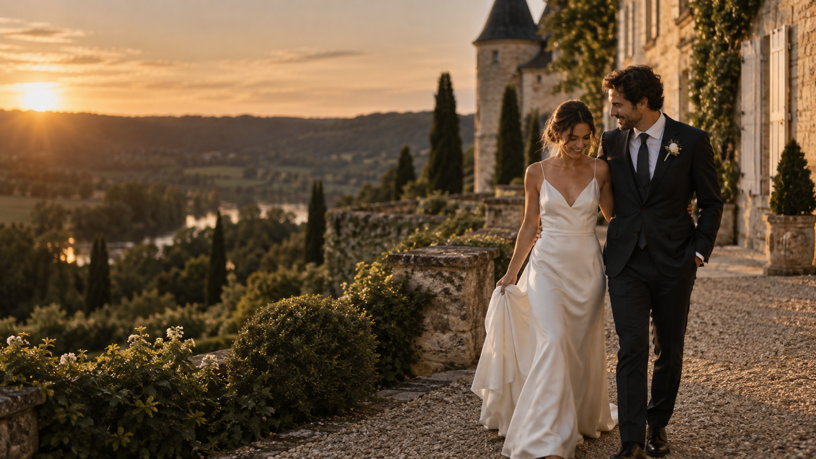 Un couple de mariés dans la lumière dorée